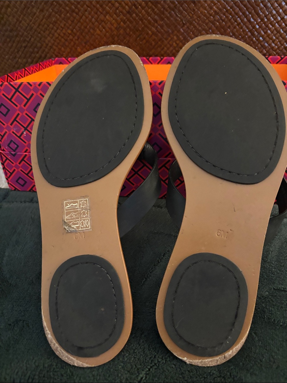 Tory Burch Black Strappy Logo Thong Sandals with Tan Footbed - Picture 2 of 4